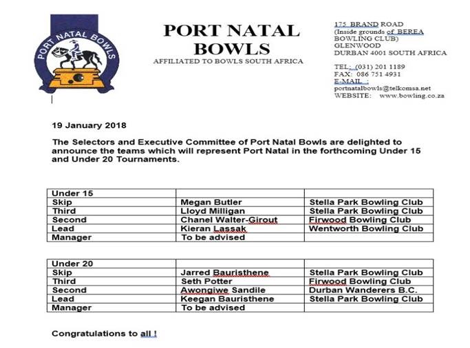 Glenwood High School learners in Durban selected for Bowls Tournament