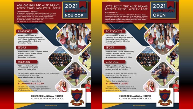 Aansoeke vir Hoërskool Aliwal Noord nou oop vir 2021